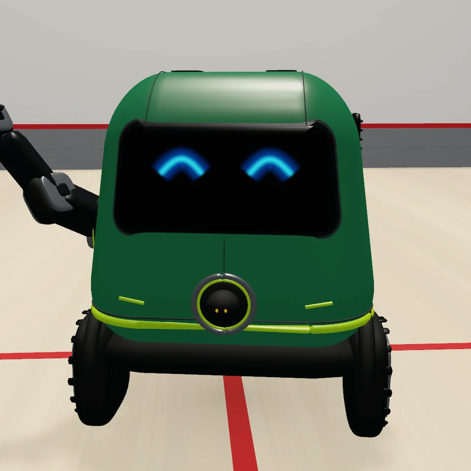 T3 Trickster, the game’s smiling green robot, on a maple squash court